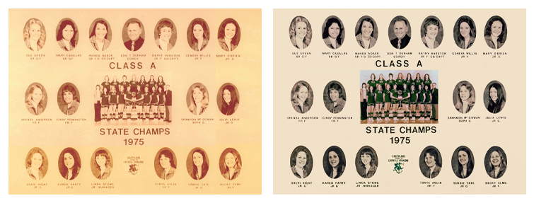 A before-and-after comparison strip of a restored photograph