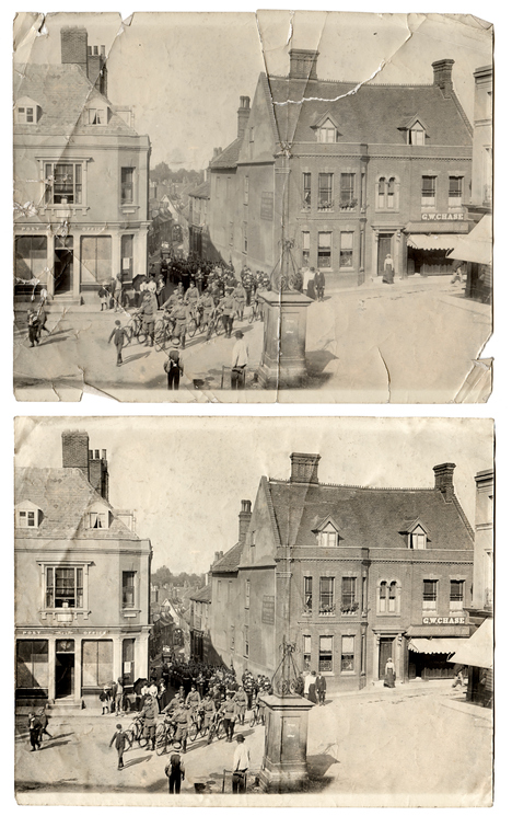 Vintage photograph of British troops marching through an English town, returning from the war in Sudan