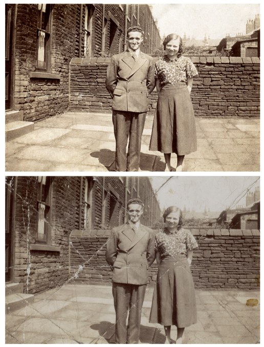 A 1920s portrait of a young couple, repaired version beside the badly damaged original