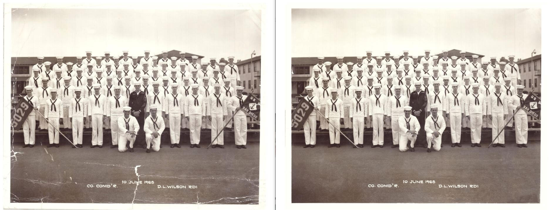 A damaged original photograph beside the repaired result