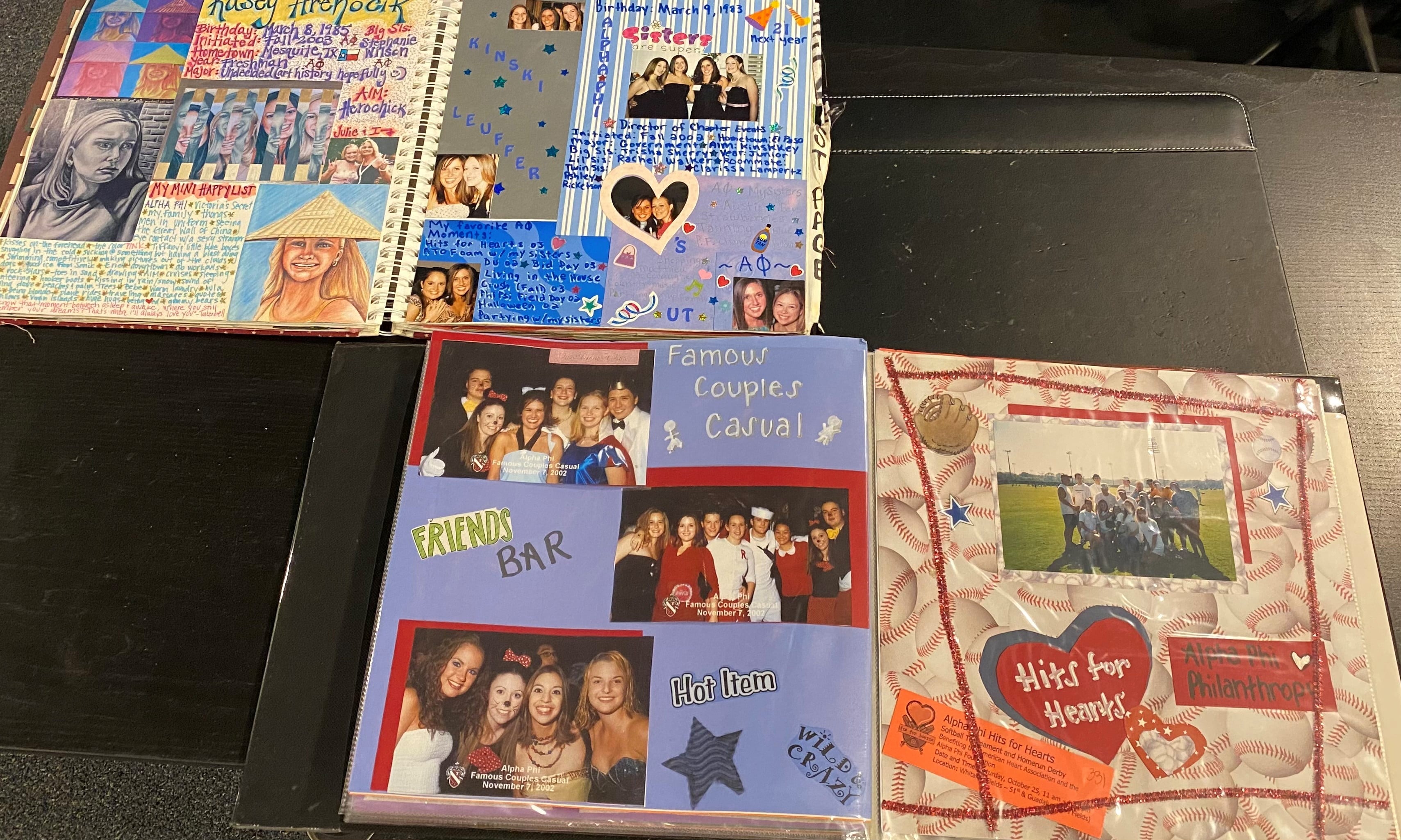 Handmade scrapbooks layered with photographs, clippings and mementos